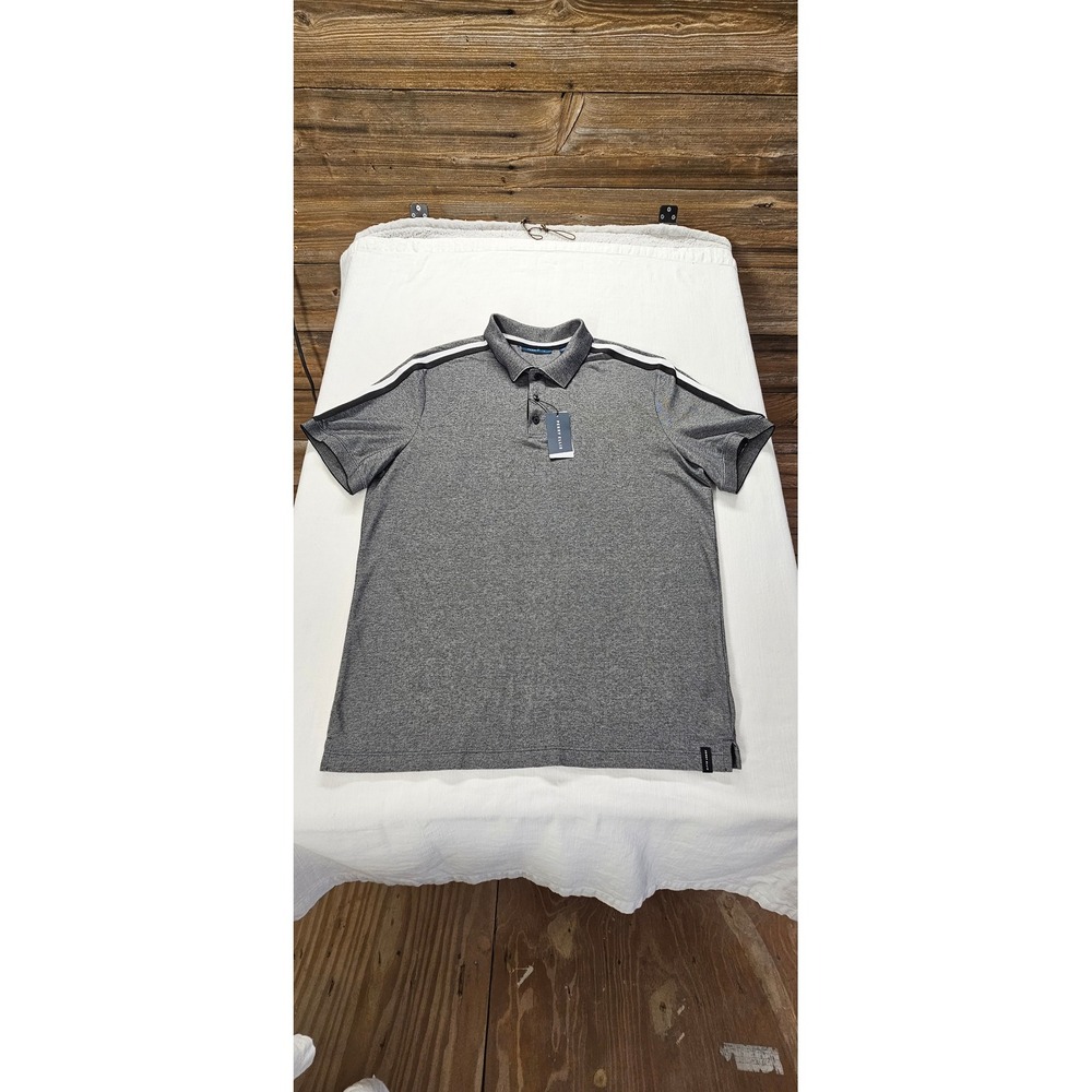 Perry Ellis Mens Gray Textured Polo Shirt Racing Stripe Short Sleeve Size Large